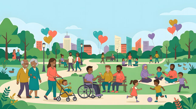 Diverse group of people enjoying a sunny day in a city park