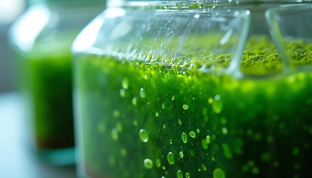 Clear glass jar containing vibrant green algae specimen liquid nutrient culture scientific research biology laboratory experiment background.