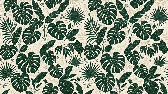 Tropical monstera leaves pattern with green and blush pink colors on a light background