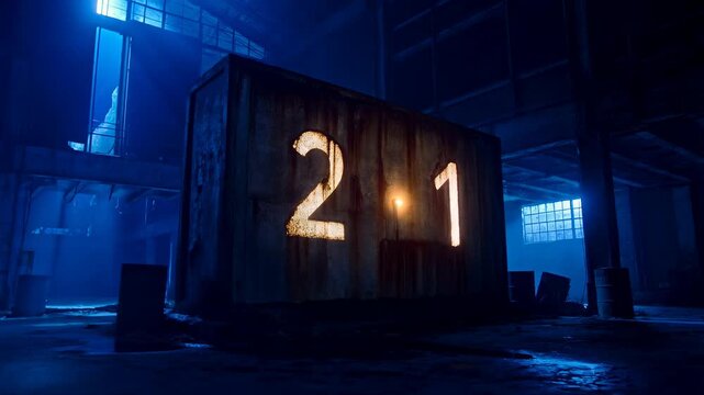 Countdown display illuminated in industrial warehouse setting with glowing digital countdown shadow