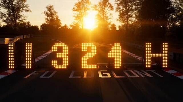 Digital countdown display on race track at sunset with video glowing digital golden hour lighting
