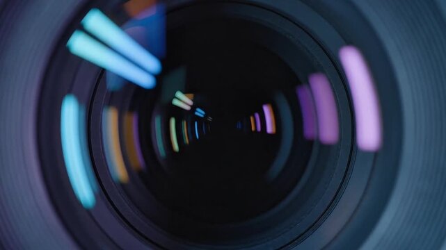 Cinematic camera lens macro reflection with neon lights for videography logo reveal