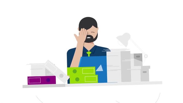 Stressed businessman overwhelmed by paperwork animation video clip in flat vector illustration design style