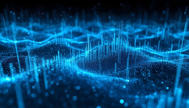 Futuristic quantum financial market visualization with glowing blue data bars