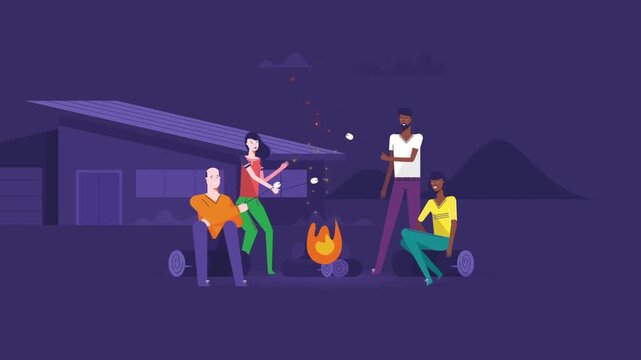 Animated group of diverse friends roasting marshmallows around campfire outdoors during evening time video footage