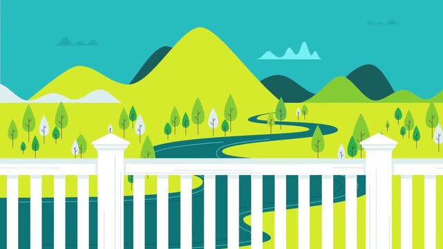 Animated cartoon landscape video featuring rolling green hills, winding river, and white fence in sunny motion clip