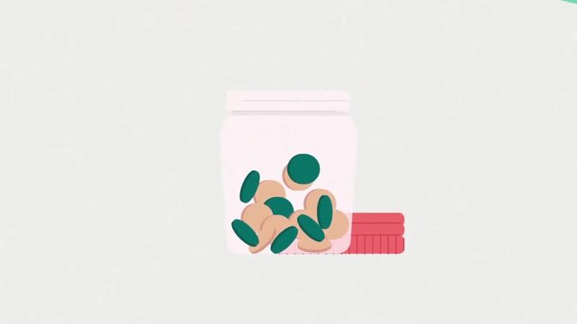 Hand dropping pill into jar graphic animation showing healthcare concept in clean motion vector video footage