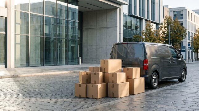 Gray delivery van parked next to stacks of brown cardboard boxes in an urban area.