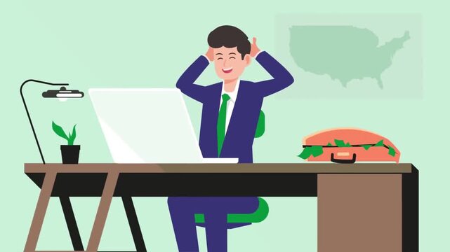 Happy businessman relaxing behind his office desk with a laptop computer in colorful flat vector animation footage