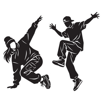 Dynamic black silhouette vector illustration of two street dancers performing energetic breakdance poses, showing movement, rhythm and urban dance culture on a clean white background