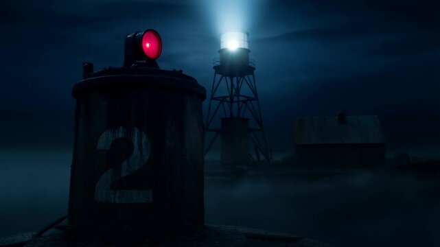 Countdown launch sequence at industrial facility under nighttime fog with illuminated towers foggy