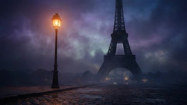Moody urban landscape reveals historic Eiffel Tower shrouded in atmospheric mist. Single vintage street light casts orange glow onto wet pavement under ominous cloudy twilight skies in France.