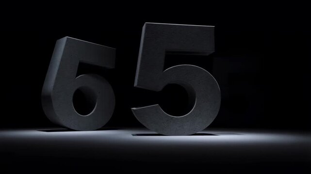 Three large digital numbers counting down on dark background with dark reflective surface close