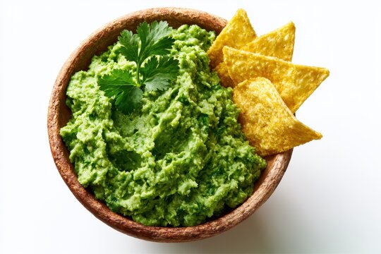 Bowl of fresh guacamole with cilantro and crispy tortilla chips, isolated on white background