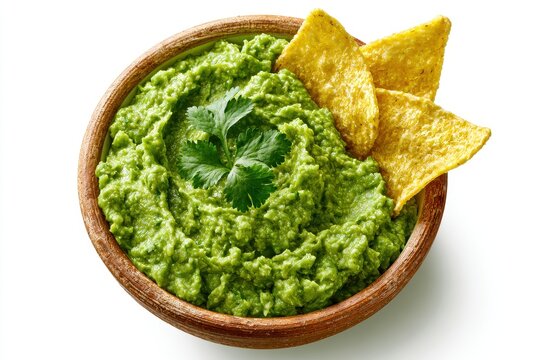 Bowl of fresh guacamole with cilantro and crispy tortilla chips, isolated on white background