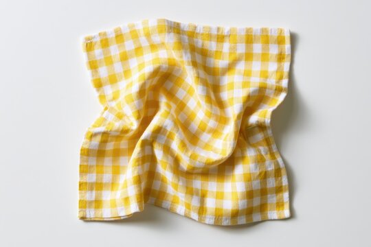 Yellow and white checkered dishtowel, folded and rumpled, isolated on white background