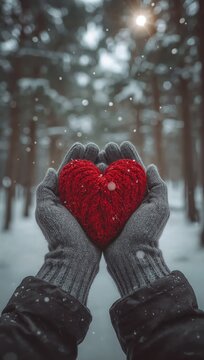 Hands in grey gloves holding a red knitted heart, falling snow in a winter forest, warmth and love concept