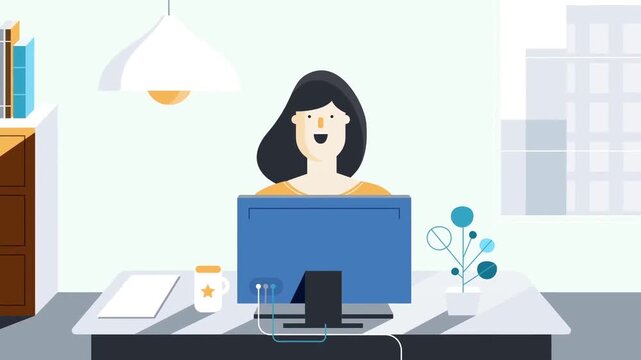Animated young woman working at her computer desk in modern minimalist office interior vector illustration motion footage