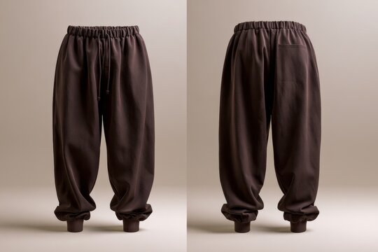 Front and back view of brown oversized sweatpants with elastic waistband and cuffs, displayed on a neutral background for fashion apparel design