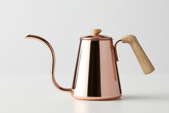 Copper gooseneck kettle with a wooden handle isolated on white background