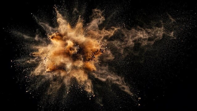 Abstract burst of golden powder particles exploding against a dark background