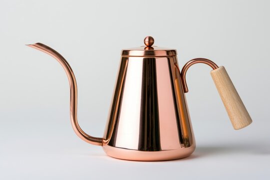 Copper gooseneck kettle with a wooden handle isolated on white background