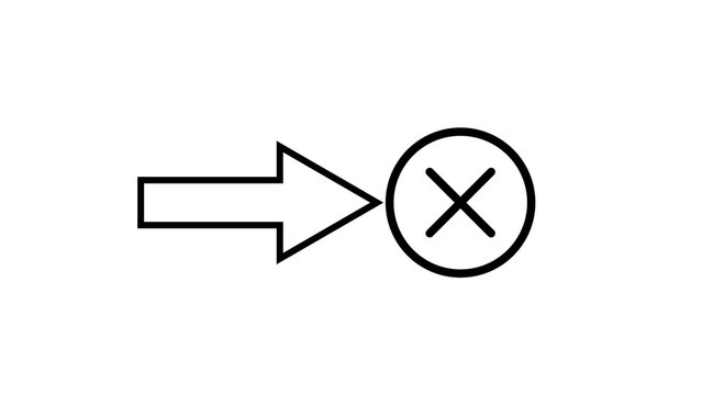 Outline arrow pointing to a circle with cross symbol signifies rejection and stop direction