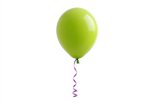 A single lime green balloon with a purple ribbon isolated on white background