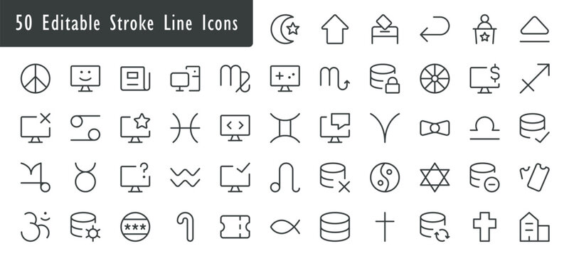 50 Editable Stroke Line Icons Set, Minimalist User Interface Vector Graphics, Black Outline UI Symbols for App Design