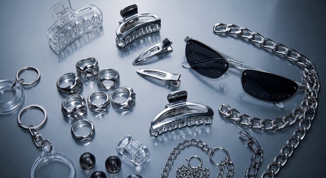 Silver Y2K Fashion Accessories Flat Lay with Sunglasses and Jewelry