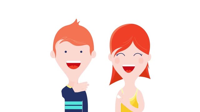 Animated cartoon characters smiling and gesturing happily in colorful minimalist video clip illustration