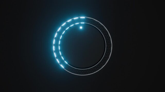 Blue LED control knob rotating on a dark futuristic panel.
A circular control knob rotates clockwise as blue LED lights progressively illuminate around the dial, visualizing increasing power, intensit