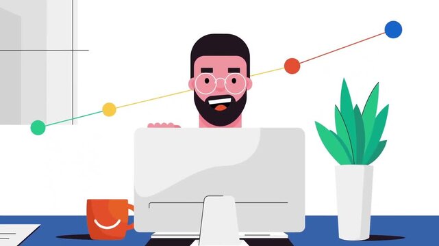 Happy male office worker sitting at computer desk with plant and mug in colorful vector animation clip