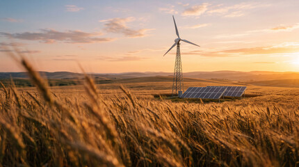 Obraz premium Sustainable Energy Concept with Wind Turbine and Solar Panels in Wheat Field