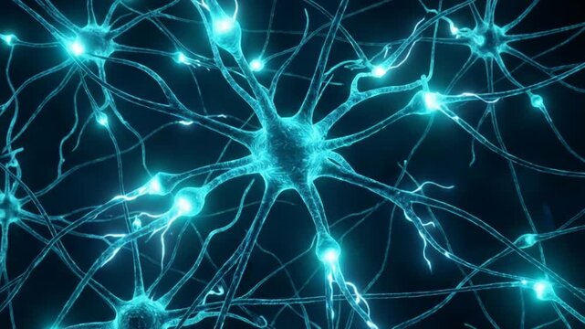 Luminous neural cells conduct electrical signals across intricate brain pathways. Microscopic neurons glow with cyan light while exchanging rapid data throughout complex biological system.