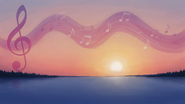 Musical melody flowing above calm water at golden dusk