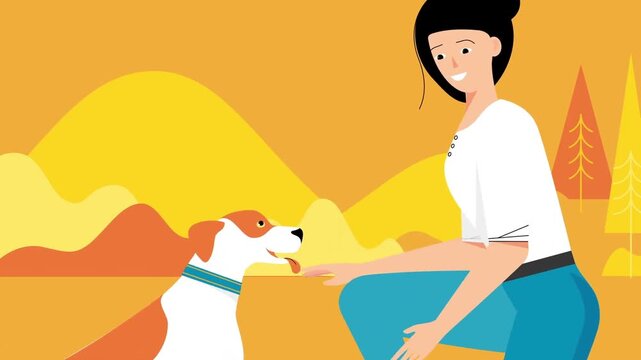Animated flat design video clip of smiling woman petting her cute dog in autumn park forest landscape footage