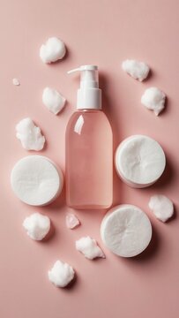 Gentle beauty and personal care items arranged overhead, featuring cleansing lotion, soft cotton, and decorative crystals