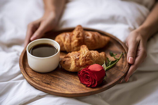 Breakfast tray with croissants, coffee, and a rose on a bed
