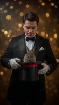 Magician presenting a rabbit emerging from a top hat, performing a classic magic trick with illusion and wonder