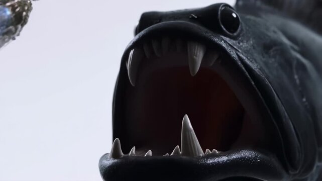 Close up anglerfish mouth opening underwater with against plain background macro photography