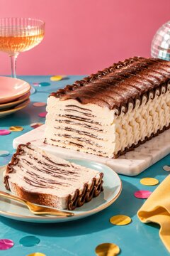 A festive Viennetta ice cream cake with chocolate swirls and a whipped topping, served with champagne and confetti for a celebration.