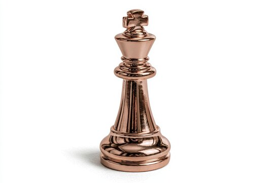 A metallic rose gold chess king piece standing upright isolated on white background