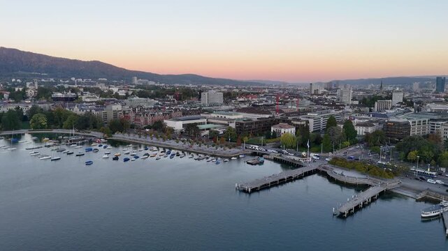 Aerial Drone shot of Zurich, Switzerland. The business Swiss town.
