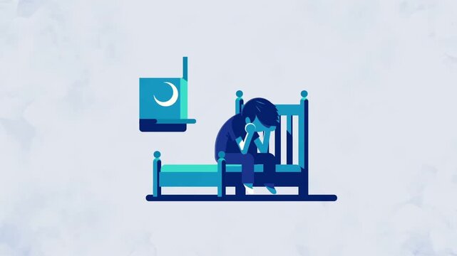 Depressed young man sitting alone on bed during sleepless night in blue tones vector motion footage