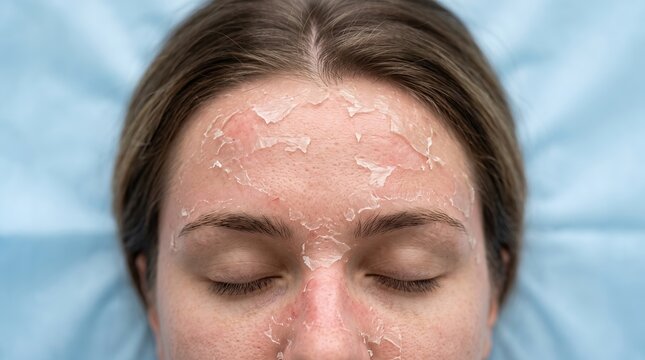 High angle close up of woman face with peeling skin after chemical peel treatment