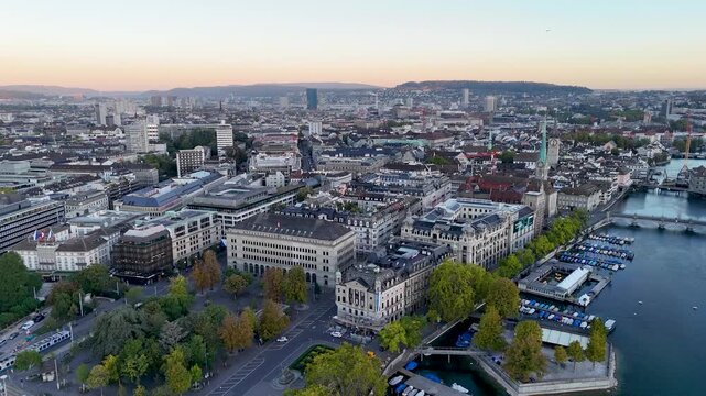 Aerial Drone shot of Zurich, Switzerland. The business Swiss town.