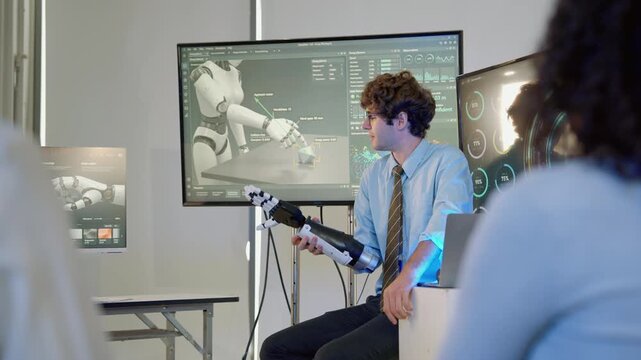 Engineer presenting a robotic hand prototype while discussing robotics technology with colleagues in a modern research laboratory.
