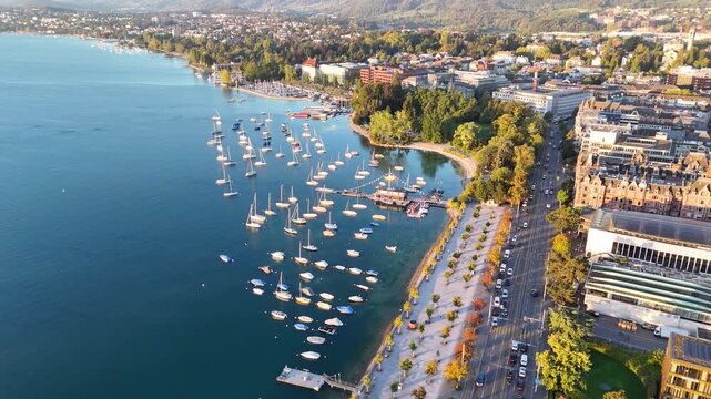 Aerial Drone shot of Zurich, Switzerland. The business Swiss town.