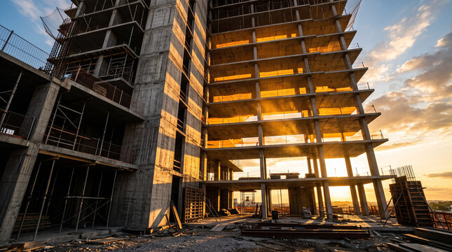 Concrete Skeleton of a Skyscraper Under Construction During a Beautiful Golden Sunset